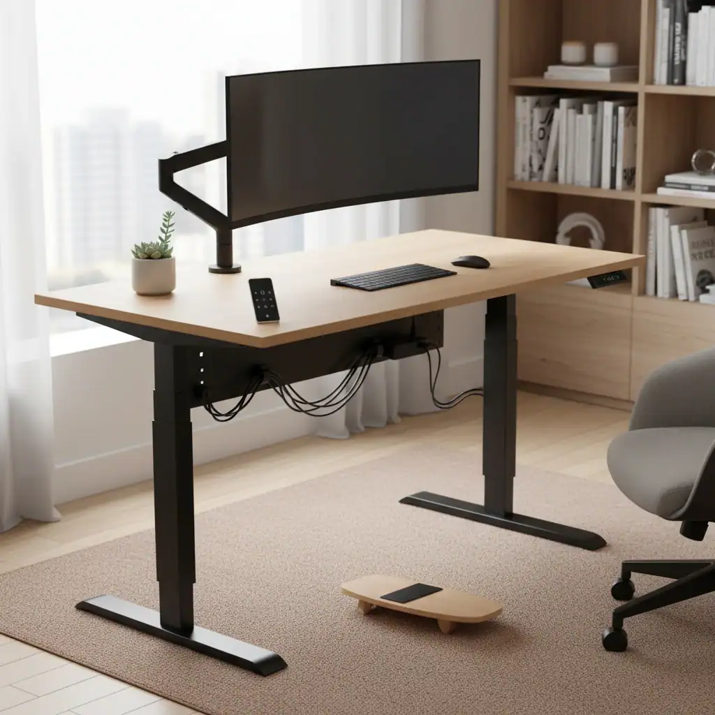Height-adjustable table for working environment and ergonomics.